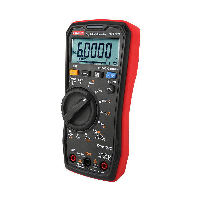 UNI-T UT117C High-Precision True RMS Digital Multimeter – 60000 Count, Bluetooth, LoZ, LPF, AutoVolt, NCV, AC/DC 600V, Capacitance, Frequency, 2m Drop-Proof - a black and red handheld device with a central rotary dial, various buttons, and a screen displaying 6.0000 DC.