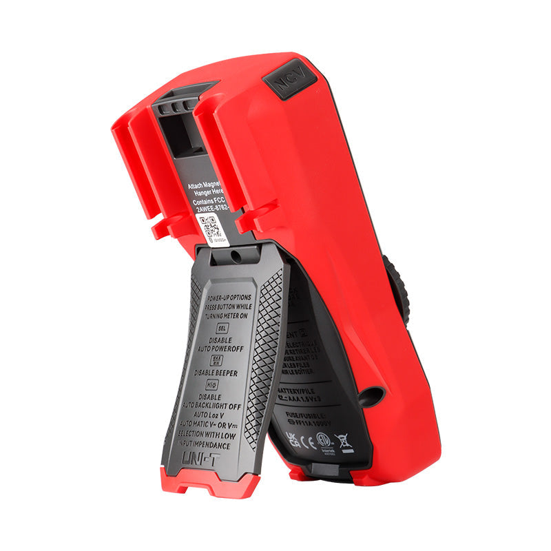 UNI-T UT117C High-Precision True RMS Digital Multimeter – 60000 Count, Bluetooth, LoZ, LPF, AutoVolt, NCV, AC/DC 600V, Capacitance, Frequency, 2m Drop-Proof - shown from the back, featuring a red casing, a fold-out stand with printed power-up instructions, and an NCV indicator.