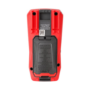 UNI-T UT117C High-Precision True RMS Digital Multimeter – 60000 Count, Bluetooth, LoZ, LPF, AutoVolt, NCV, AC/DC 600V, Capacitance, Frequency, 2m Drop-Proof - the red protective casing, battery compartment cover, and printed power-up button instructions.