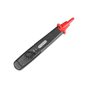 UNI-T UT118B Pen Type Digital Multimeter – 3000 Count, AC/DC Voltage, Resistance, Capacitance, EF Live Detection, Diode & Continuity, Single-Probe Design - the back of the black device with a red tip, a CR2032 battery, and a barcode sticker.