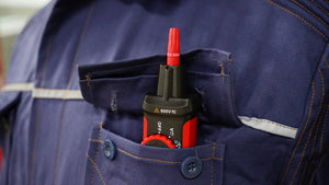 UNI-T UT118C True RMS Pen Type Digital Multimeter – AC/DC 600V, Resistance, Capacitance, NCV, Gold-Plated Tips, CAT III 600V / CAT IV 300V - in a red and black casing with a red tip, shown tucked into the pocket of a blue work shirt.
