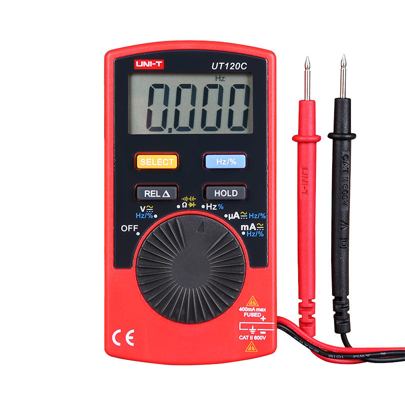 UNI-T UT120C Pocket Size Digital Multimeter – 4000 Count, Auto-Range, AC/DC Voltage, Capacitance, Resistance, Frequency, Diode, EBTN Display, 2m Drop-Proof - a red pocket-sized device with a rotary dial, buttons, and display showing 0.000, with attached red and black test leads.