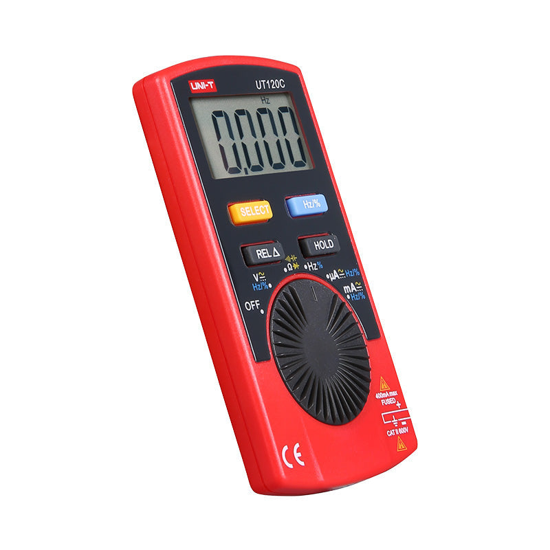 UNI-T UT120C Pocket Size Digital Multimeter – 4000 Count, Auto-Range, AC/DC Voltage, Capacitance, Resistance, Frequency, Diode, EBTN Display, 2m Drop-Proof - a red pocket-sized device with a black control dial, function buttons, and an LCD screen displaying 0.000.