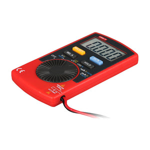 UNI-T UT120C Pocket Size Digital Multimeter – 4000 Count, Auto-Range, AC/DC Voltage, Capacitance, Resistance, Frequency, Diode, EBTN Display, 2m Drop-Proof - a red pocket-sized device with a rotary dial, buttons, an LCD screen showing "0.000", and a black test lead attached.
