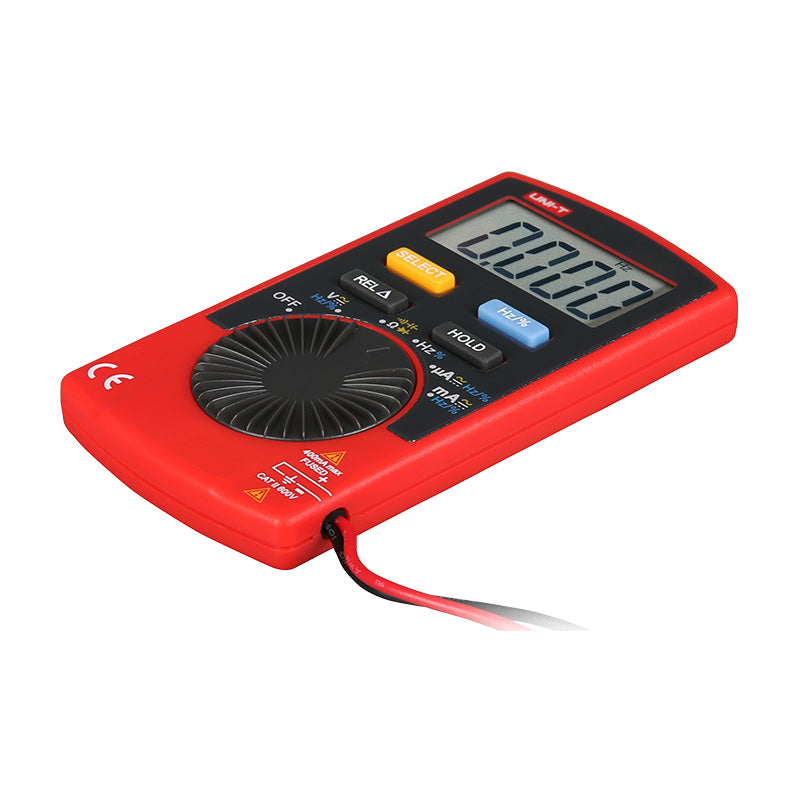 UNI-T UT120C Pocket Size Digital Multimeter – 4000 Count, Auto-Range, AC/DC Voltage, Capacitance, Resistance, Frequency, Diode, EBTN Display, 2m Drop-Proof - a red pocket-sized device with a rotary dial, buttons, an LCD screen showing "0.000", and a black test lead attached.