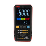 UNI-T UT121B Smart Digital Multimeter – 6000 Count Auto-Identify, True RMS, Dual Display EBTN, AC/DC 600V, 60mF Capacitance, NCV, Live Wire, CAT III 600V - a black and red handheld device with a digital display reading 6.000 V and 27°C, buttons, and input ports.