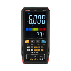 UNI-T UT121B Smart Digital Multimeter – 6000 Count Auto-Identify, True RMS, Dual Display EBTN, AC/DC 600V, 60mF Capacitance, NCV, Live Wire, CAT III 600V - a black and red handheld device with a digital display reading 6.000 V and 27°C, buttons, and input ports.