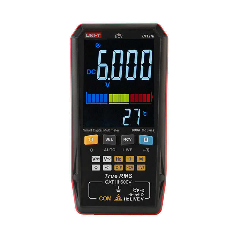 UNI-T UT121B Smart Digital Multimeter – 6000 Count Auto-Identify, True RMS, Dual Display EBTN, AC/DC 600V, 60mF Capacitance, NCV, Live Wire, CAT III 600V - a black and red handheld device with a digital display reading 6.000 V and 27°C, buttons, and input ports.