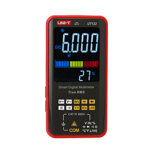 UNI-T UT122 Smart Digital Multimeter – 6000 Count Auto-Identify, True RMS, EBTN Display, AC/DC 600V, 99mF Capacitance, Temperature, Type-C Rechargeable, NCV - a red-framed device showing a digital display reading 6.000 DC V and 27°C with various function buttons below.