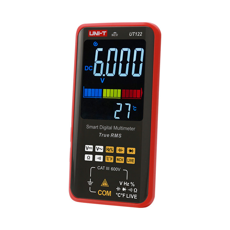 UNI-T UT122 Smart Digital Multimeter – 6000 Count Auto-Identify, True RMS, EBTN Display, AC/DC 600V, 99mF Capacitance, Temperature, Type-C Rechargeable, NCV - a red and black handheld device showing a 6.000 DC voltage reading and 27°C temperature on its EBTN display.