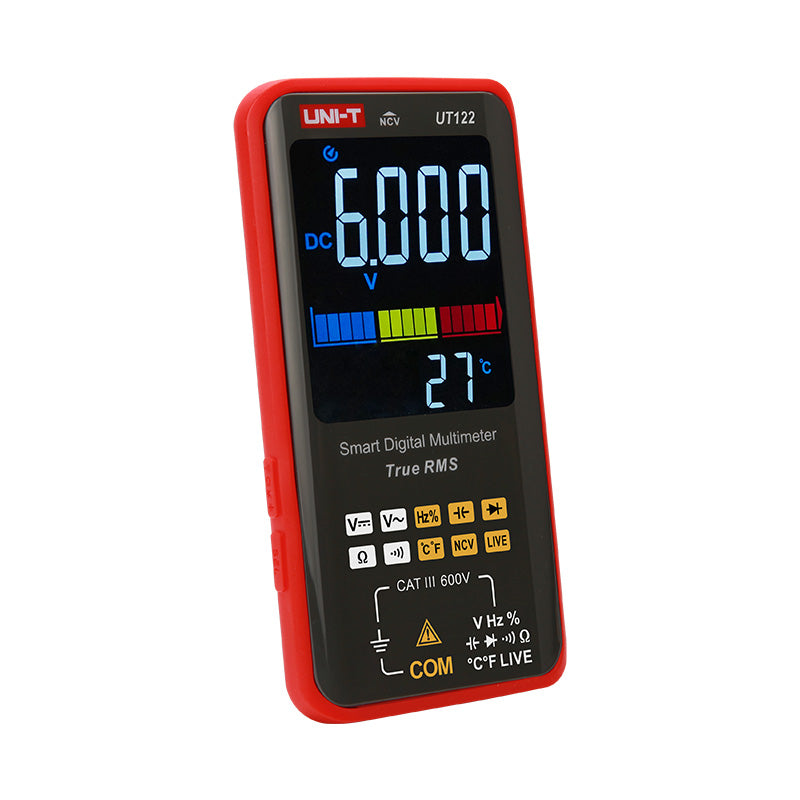 UNI-T UT122 Smart Digital Multimeter – 6000 Count Auto-Identify, True RMS, EBTN Display, AC/DC 600V, 99mF Capacitance, Temperature, Type-C Rechargeable, NCV - a red-framed handheld device showing a 6.000 DC voltage reading and 27°C on its EBTN display.