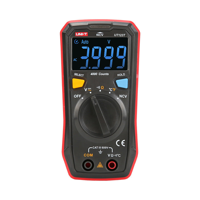 UNI-T UT123 Pocket Residential Digital Multimeter – EBTN Display, AC/DC Voltage, Resistance, Temperature, NCV, Diode & Continuity, One-Hand Design - a black and red handheld device with a central dial, two input ports, and a screen displaying 3.999 AC voltage.