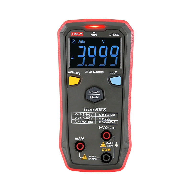 UNI-T UT123D Smart Digital Multimeter – Auto-Identify, EBTN Display, AC/DC Voltage, Capacitance, Resistance, NCV, Diode & Continuity, One-Button Operation - a red and black handheld device showing a digital display reading 3.999 with buttons and two input ports.