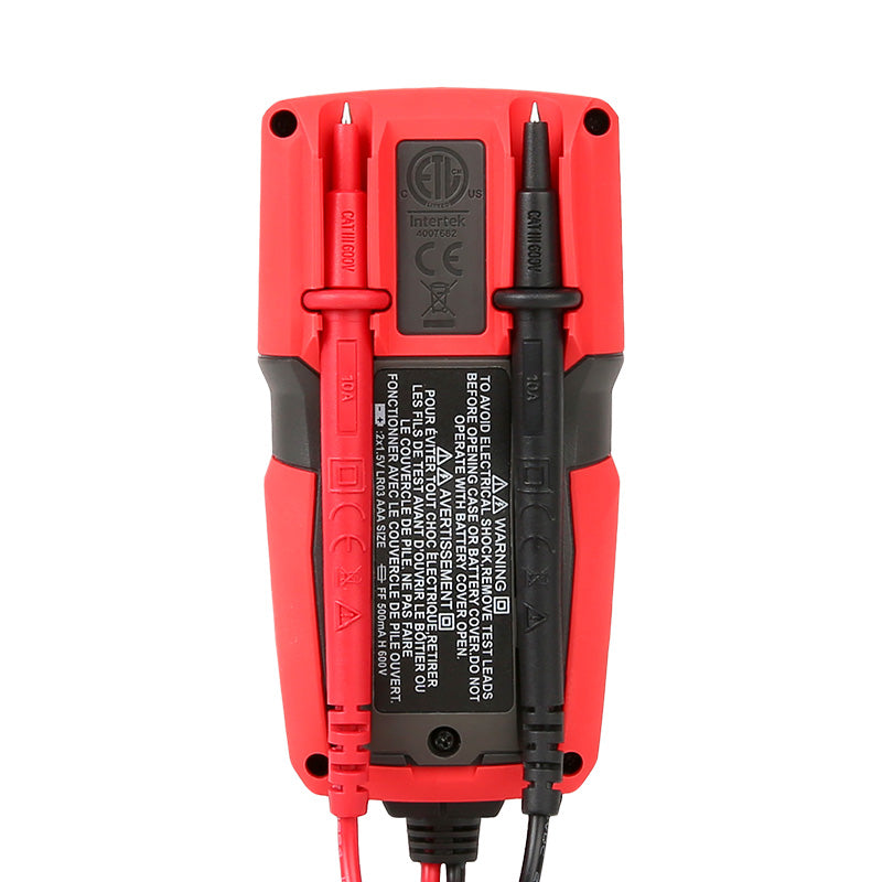 UNI-T UT125C Pocket Size Digital Multimeter – 4000 Count, AC/DC Voltage & Current, Capacitance, Frequency, NCV, Diode, CAT III 600V, 1m Drop-Proof - the red and black casing, integrated test lead storage slots, and product safety information labels.
