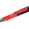 UNI-T UT12D Non-Contact AC Voltage Detector Pen – 24V to 1000V NCV Tester with LED Flashlight, Buzzer & LED Alert, Dual High/Low Sensitivity, Auto Power-Off, 1m Drop-Proof - a red and black pen-style tool with a clear plastic sensor tip and a pocket clip, shown against a white background.