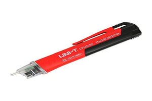 UNI-T UT12D Non-Contact AC Voltage Detector Pen – 24V to 1000V NCV Tester with LED Flashlight, Buzzer & LED Alert, Dual High/Low Sensitivity, Auto Power-Off, 1m Drop-Proof - a red and black pen-style tool with a clear plastic sensor tip and a pocket clip, shown against a white background.