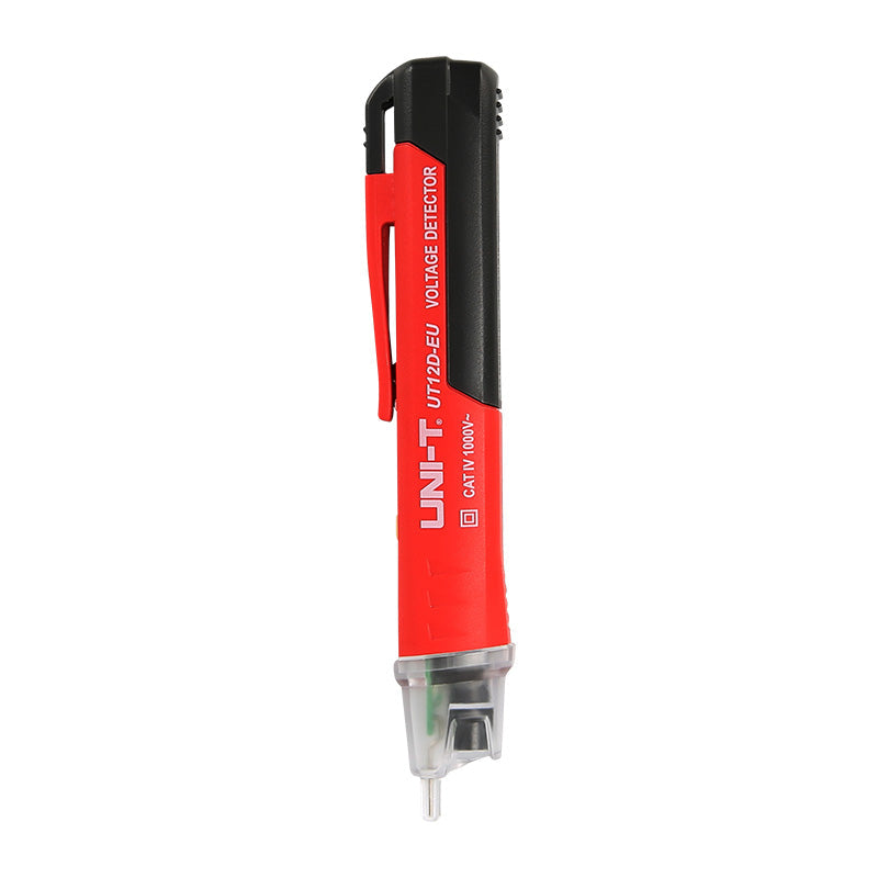 UNI-T UT12D Non-Contact AC Voltage Detector Pen – 24V to 1000V NCV Tester with LED Flashlight, Buzzer & LED Alert, Dual High/Low Sensitivity, Auto Power-Off, 1m Drop-Proof - a red and black handheld tool with a clear plastic tip and a pocket clip, shown against a white background.