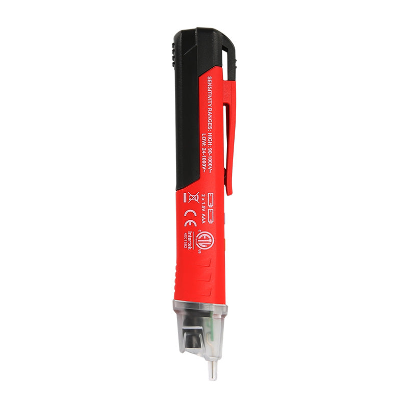 UNI-T UT12D Non-Contact AC Voltage Detector Pen – 24V to 1000V NCV Tester with LED Flashlight, Buzzer & LED Alert, Dual High/Low Sensitivity, Auto Power-Off, 1m Drop-Proof - a red and black handheld device with a clear plastic tip and a pocket clip on the side.