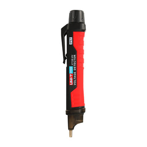 UNI-T UT12E Non-Contact AC Voltage Detector Pen with Vibration Mode – 24V to 1000V IP67 NCV Tester, Dual High/Low Sensitivity, LED Flashlight, Buzzer, 2m Drop-Proof - a black and red handheld tool with a pocket clip, a sensor tip, and text labeling including the model and IP67 rating.
