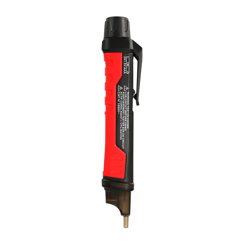 UNI-T UT12E Non-Contact AC Voltage Detector Pen with Vibration Mode – 24V to 1000V IP67 NCV Tester, Dual High/Low Sensitivity, LED Flashlight, Buzzer, 2m Drop-Proof - a black and red handheld tool with a pocket clip, battery icon, and safety warning text on the side.
