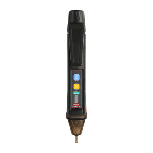 UNI-T UT12E Non-Contact AC Voltage Detector Pen with Vibration Mode – 24V to 1000V IP67 NCV Tester, Dual High/Low Sensitivity, LED Flashlight, Buzzer, 2m Drop-Proof - a black and red handheld device featuring a flashlight button, power button, and sensitivity indicators.