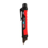 UNI-T UT12M Non-Contact AC Voltage Detector Pen with Magnetic Field Detection – 24V to 1000V IP67 NCV Tester, Dual High/Low Sensitivity, LED Flashlight, 2m Drop-Proof - a pocket clip, a transparent tip, and a top cap, shown against a white background.