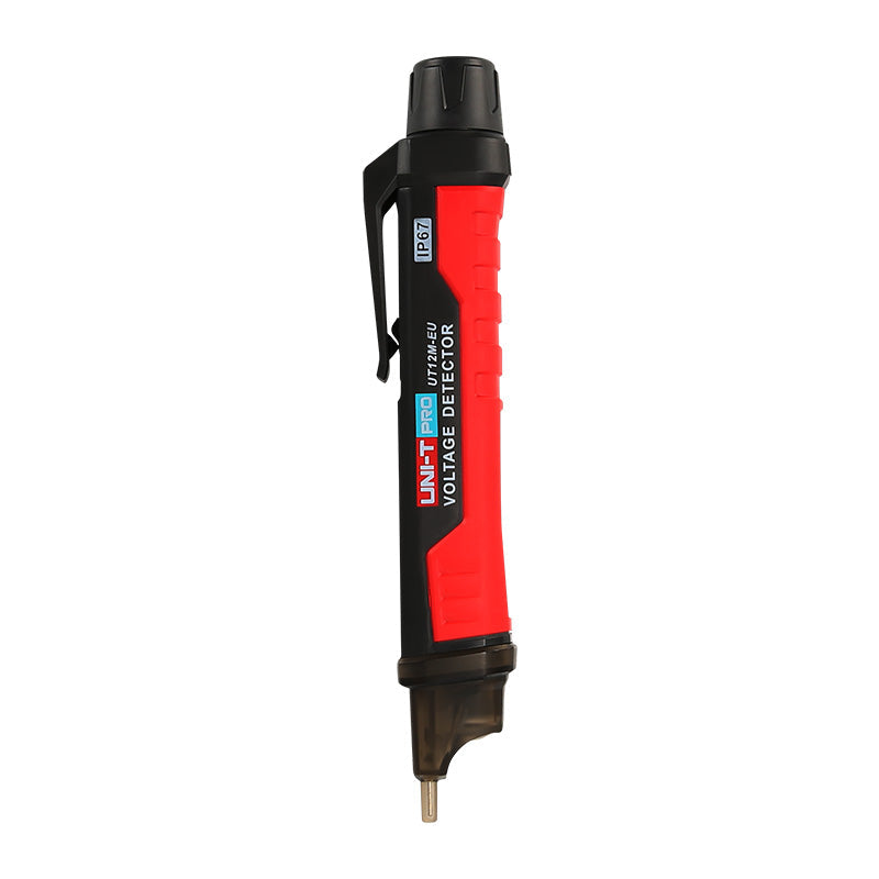 UNI-T UT12M Non-Contact AC Voltage Detector Pen with Magnetic Field Detection – 24V to 1000V IP67 NCV Tester, Dual High/Low Sensitivity, LED Flashlight, 2m Drop-Proof - a pocket clip, a transparent tip, and a top cap, shown against a white background.