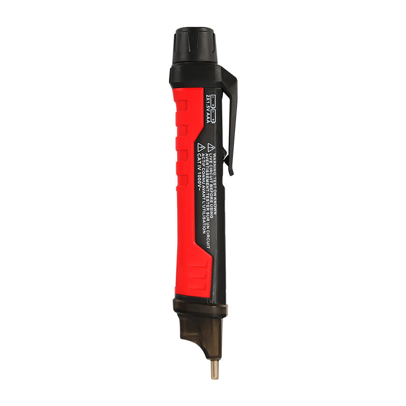 UNI-T UT12M Non-Contact AC Voltage Detector Pen with Magnetic Field Detection – 24V to 1000V IP67 NCV Tester, Dual High/Low Sensitivity, LED Flashlight, 2m Drop-Proof - a red and black handheld tool with a pocket clip, a battery compartment cap, and a metal probe tip.