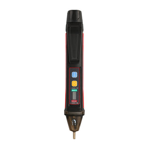 UNI-T UT12M Non-Contact AC Voltage Detector Pen with Magnetic Field Detection – 24V to 1000V IP67 NCV Tester, Dual High/Low Sensitivity, LED Flashlight, 2m Drop-Proof - a black and red cylindrical tool with a pocket clip, power button, flashlight button, and sensor tip.