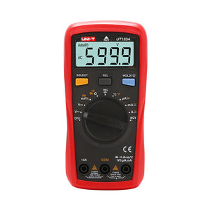 UNI-T UT133A Digital Multimeter – 6000 Count Auto-Range, AC/DC Voltage & Current, Capacitance, Frequency, Temperature, Over-Voltage Alarm, 2m Drop-Proof - a red handheld device with a central rotary dial, three buttons, an LCD showing 599.9, and three input ports at the base.