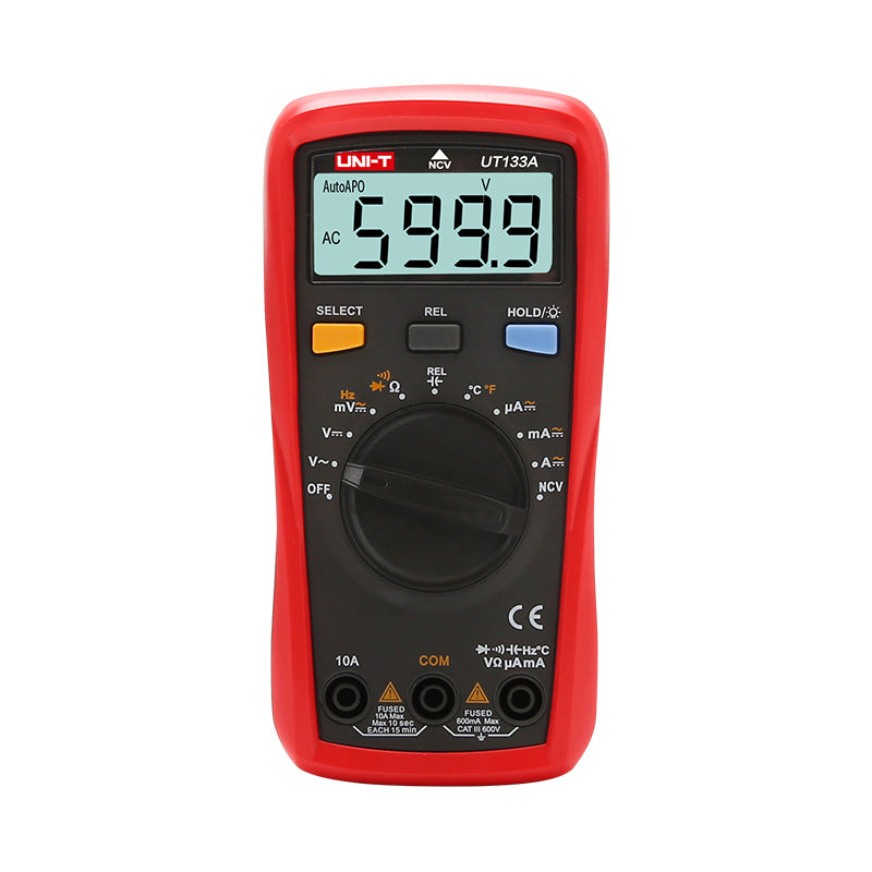 UNI-T UT133A Digital Multimeter – 6000 Count Auto-Range, AC/DC Voltage & Current, Capacitance, Frequency, Temperature, Over-Voltage Alarm, 2m Drop-Proof - a red handheld device with a central rotary dial, three buttons, an LCD showing 599.9, and three input ports at the base.