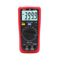 UNI-T UT136B+ Auto-Range Digital Multimeter – 4000 Count, AC/DC 1000V, 10A, Capacitance 40mF, Frequency, Temperature, hFE, Diode, 2m Drop-Proof - in a red rubber holster with a central rotary dial, two buttons, a digital screen displaying 399.9, and three input ports.