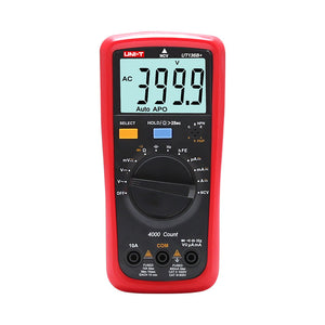 UNI-T UT136B+ Auto-Range Digital Multimeter – 4000 Count, AC/DC 1000V, 10A, Capacitance 40mF, Frequency, Temperature, hFE, Diode, 2m Drop-Proof - in a red rubber holster with a central rotary dial, two buttons, a digital screen displaying 399.9, and three input ports.