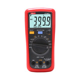 UNI-T UT136C+ Auto-Range Digital Multimeter – 4000 Count, AC/DC 1000V, 10A, Capacitance 40mF, Frequency, Temperature Probe, hFE, Diode, 2m Drop-Proof - a red handheld device with a central rotary dial, buttons, input ports, and a screen displaying 399.9 AC voltage.