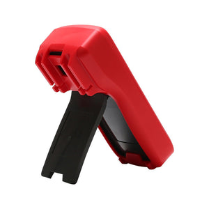 UNI-T UT136C+ Auto-Range Digital Multimeter – 4000 Count, AC/DC 1000V, 10A, Capacitance 40mF, Frequency, Temperature Probe, hFE, Diode, 2m Drop-Proof - shown from a side angle, featuring a red casing, a black fold-out kickstand, and a blank display screen.