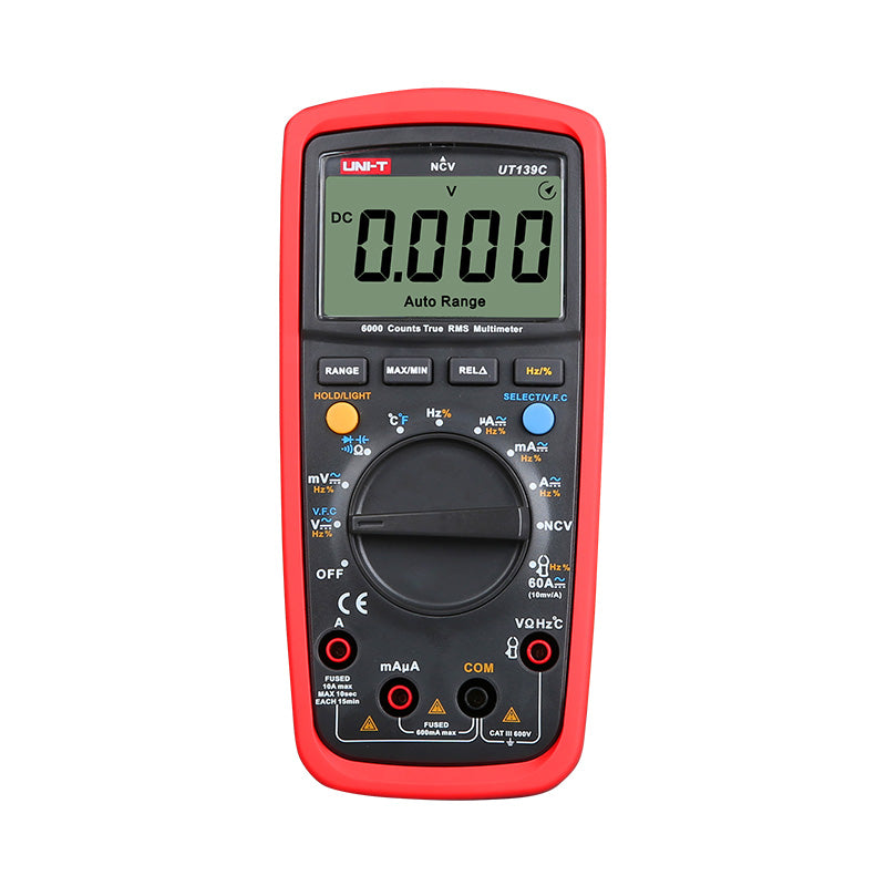 UNI-T UT139C True RMS Digital Multimeter – 6000 Count Auto-Range, AC/DC 600V, Capacitance, Frequency, Temperature, NCV, VFC, CAT III 600V - in a red protective case, showing a central rotary dial, various control buttons, input ports, and a screen reading 0.000.