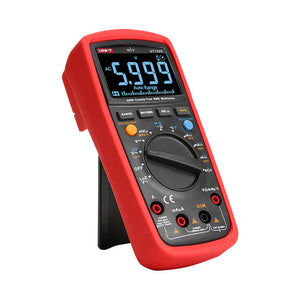 UNI-T UT139C True RMS Digital Multimeter – 6000 Count Auto-Range, AC/DC 600V, Capacitance, Frequency, Temperature, NCV, VFC, CAT III 600V - UNI-T UT139S digital multimeter in a red protective case, showing a digital display reading 5.999 AC, a central dial, buttons, and input ports.