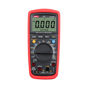 UNI-T UT139S True RMS Digital Multimeter – 6000 Count EBTN Display, AC/DC 600V, LoZ, Capacitance, Frequency, VFC, CAT III 600V for Dark Environments - with a red protective casing, a central rotary dial, various control buttons, input ports, and a display reading 0.000.