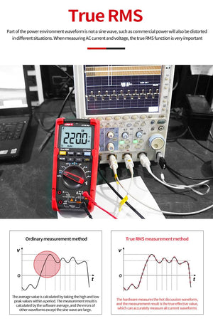 UNI-T UT15B PRO True RMS Digital Multimeter – 6000 Count, 1000V AC/DC, VFC, Capacitance, Frequency, CAT III 1000V / CAT IV 600V, 8kV Anti-Burn Protection - connected to an oscilloscope displaying a square wave, with the multimeter screen showing 220.0V AC.