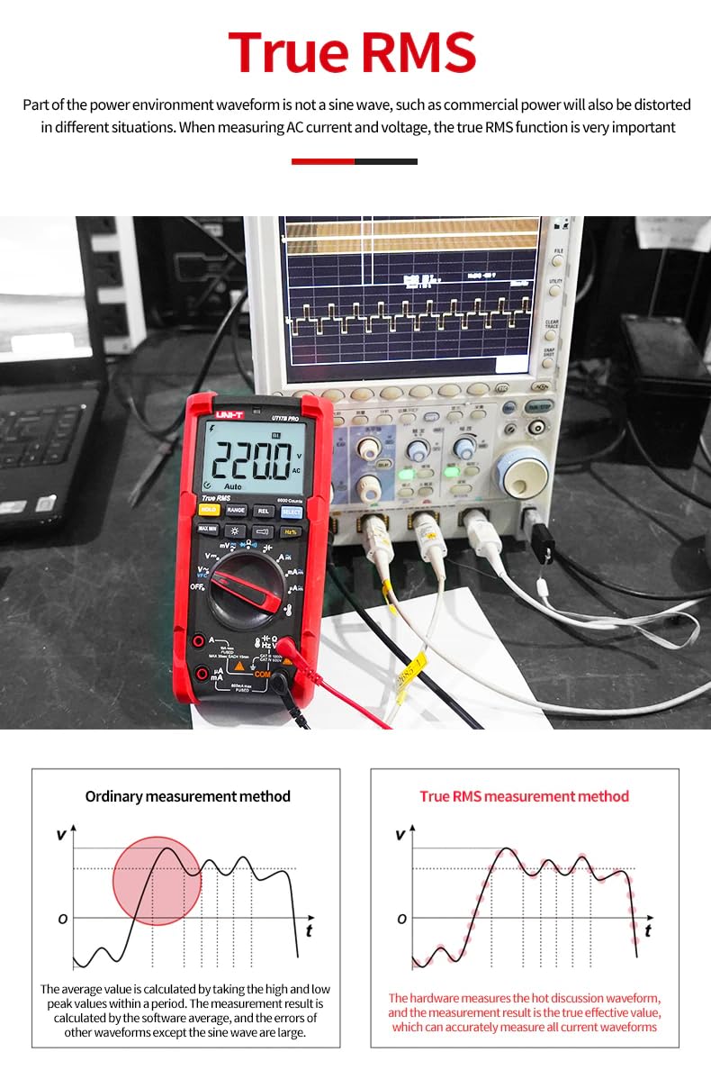 UNI-T UT15B PRO True RMS Digital Multimeter – 6000 Count, 1000V AC/DC, VFC, Capacitance, Frequency, CAT III 1000V / CAT IV 600V, 8kV Anti-Burn Protection - connected to an oscilloscope displaying a square wave, with the multimeter screen showing 220.0V AC.