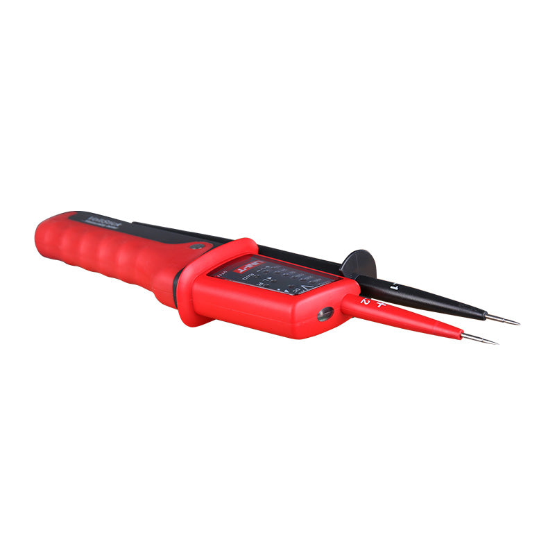 UNI-T UT15B Waterproof Voltage & Continuity Tester Pen – AC/DC up to 690V, Three-Phase Rotation, IP65, Single-Probe Live Wire Detection with Work Light - and black handheld device with two metal probes and a small display panel.