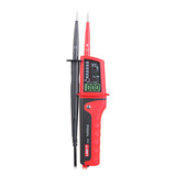 UNI-T UT15C Waterproof Voltage & Continuity Tester Pen with LCD Display – AC/DC up to 690V, Three-Phase Rotation, IP65, Digital Readout & Single-Probe Live Wire Detection - and black handheld device with two probes, a vertical LED indicator panel, and an LCD screen displaying 000.