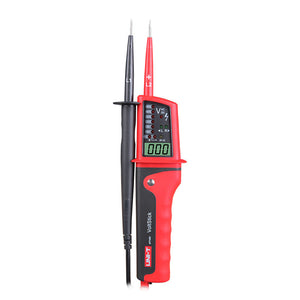 UNI-T UT15C Waterproof Voltage & Continuity Tester Pen with LCD Display – AC/DC up to 690V, Three-Phase Rotation, IP65, Digital Readout & Single-Probe Live Wire Detection - and black handheld device with two probes, a vertical LED indicator panel, and an LCD screen displaying 000.