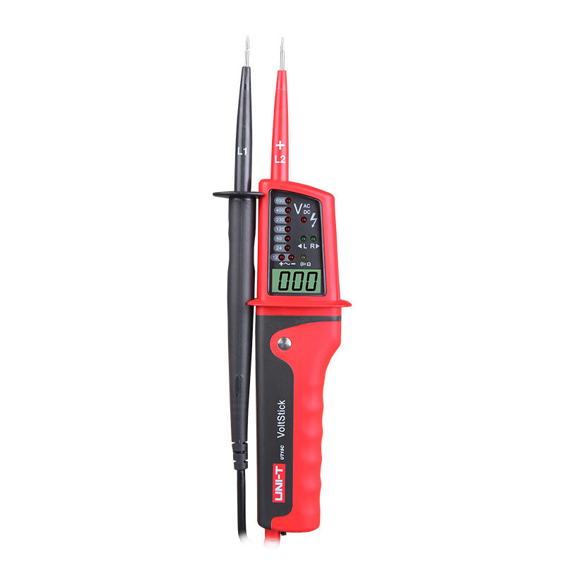 UNI-T UT15C Waterproof Voltage & Continuity Tester Pen with LCD Display – AC/DC up to 690V, Three-Phase Rotation, IP65, Digital Readout & Single-Probe Live Wire Detection - and black handheld device with two probes, a vertical LED indicator panel, and an LCD screen displaying 000.