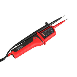 UNI-T UT15C Waterproof Voltage & Continuity Tester Pen with LCD Display – AC/DC up to 690V, Three-Phase Rotation, IP65, Digital Readout & Single-Probe Live Wire Detection - and black handheld probe device with a vertical LED indicator panel showing voltage levels and polarity symbols.