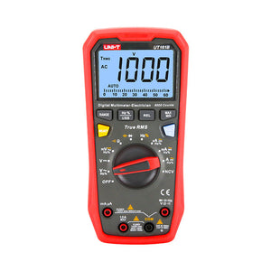 UNI-T UT161B True RMS Digital Multimeter – 6000 Count, AC/DC 1000V, 10A, Capacitance, Frequency, Temperature, NCV, USB, CAT III 1000V / CAT IV 600V - a red handheld device with a central rotary dial, function buttons, input ports, and a screen displaying 1000V.