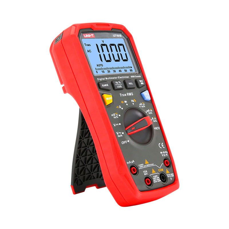 UNI-T UT161B True RMS Digital Multimeter – 6000 Count, AC/DC 1000V, 10A, Capacitance, Frequency, Temperature, NCV, USB, CAT III 1000V / CAT IV 600V - shown standing on a kickstand with a digital display reading 1000, a rotary dial, and multiple input ports.