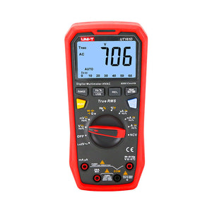 UNI-T UT161D True RMS Digital Multimeter – 6000 Count, AC/DC 1000V, 20A, Capacitance, Frequency, Temperature Probe, NCV, USB, CAT III 1000V / CAT IV 600V - in red and black, showing a front view with a central rotary dial, control buttons, input ports, and a display reading 706.
