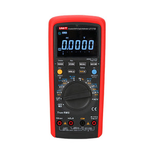 UNI-T UT171A Industrial True RMS Digital Multimeter – 60000 Count, AC/DC 1000V, 10A, LoZ, Square-Wave Output, Temperature, USB & Bluetooth, CAT III 1000V - UNI-T UT171B digital multimeter in a red protective case, featuring a central rotary dial, various control buttons, and a screen displaying 0.0000 DC V.