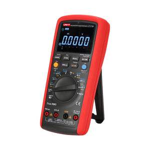 UNI-T UT171A Industrial True RMS Digital Multimeter – 60000 Count, AC/DC 1000V, 10A, LoZ, Square-Wave Output, Temperature, USB & Bluetooth, CAT III 1000V - UNI-T UT171B digital multimeter in a red protective case, featuring a central rotary dial, control buttons, input ports, and a screen displaying 0.0000.